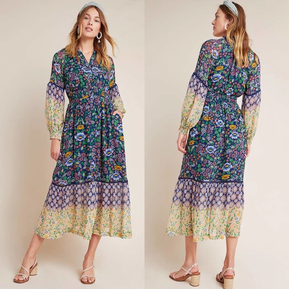 Anthropologie Floral Maxi Dress - Blue and Yellow